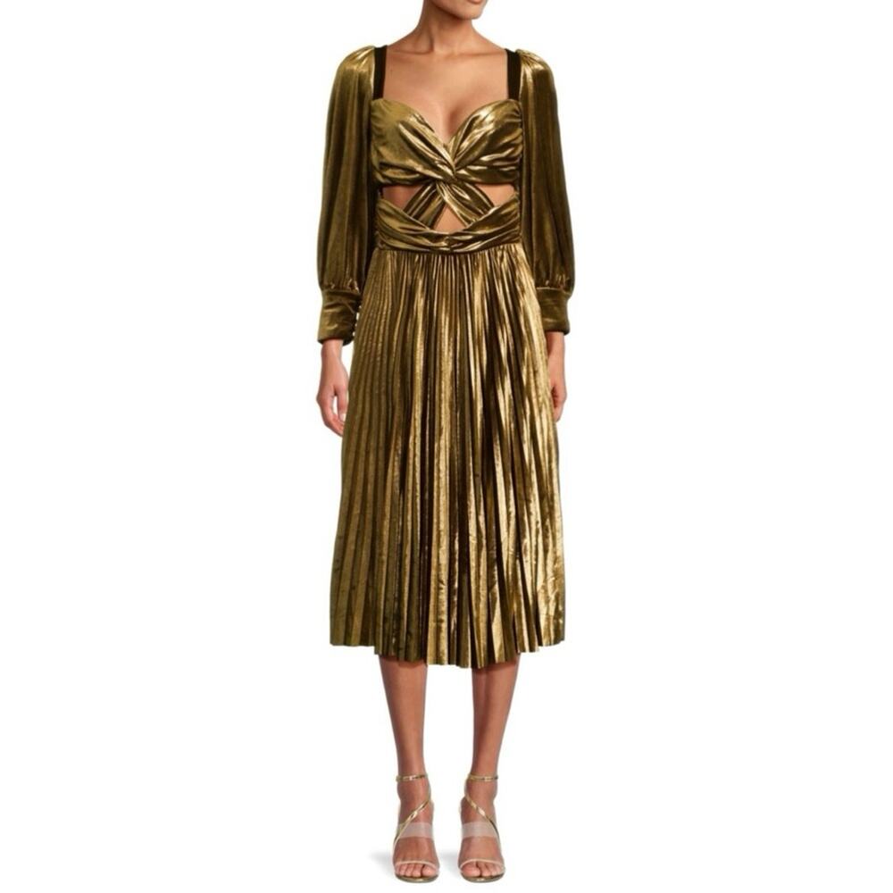 PatBO Gold Metallic Velvet Pleated Cutout Puff Sleeve Midi Dress Size 4